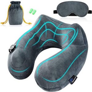 Almohada de Viaje Inflable para avion con bolsa de transporte y antifaz para dormir