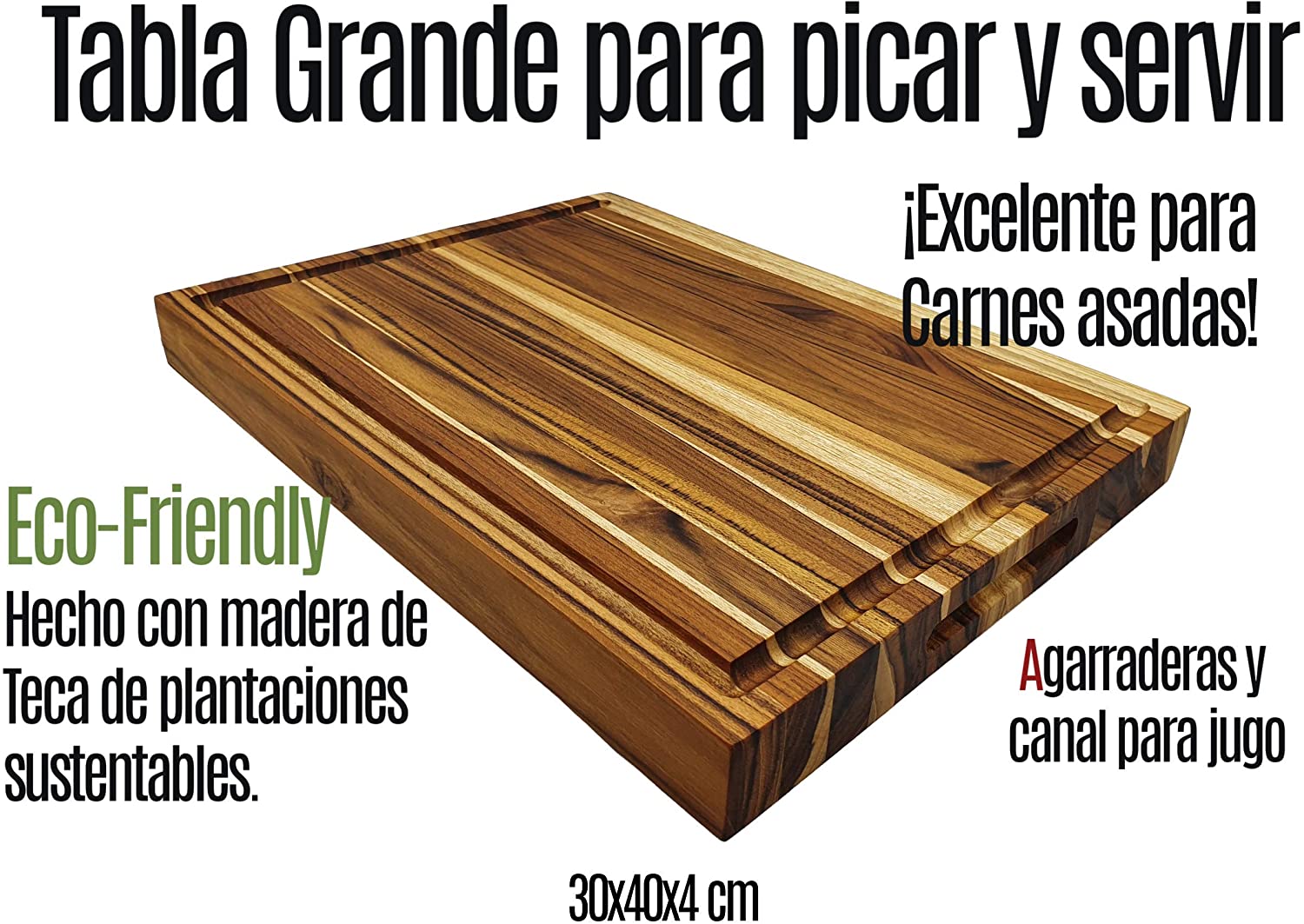 TABLA DE MADERA TECA RECTANGULAR CON AGARRADERA PARA PICAR/SERVIR