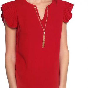 Blusa para Mujer – Blusa roja con Manga Corta Plisada y Collar Incluido