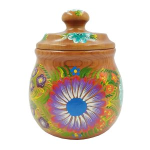 Azucarera Artesanal de Madera Ciprés – FLORES COLORES, PINTADO A MANO-. Capacidad 600 gramos. HECHO EN MEXICO
